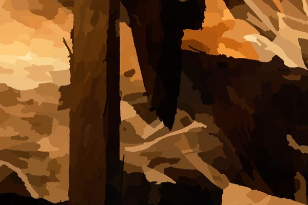 An abstract image with gold streaks, brown rectangular shapes, a triangle that may look like a stalactite.