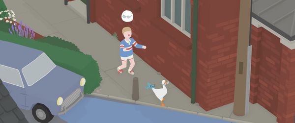 A goose holding glasses running from a boy who needs glasses to see