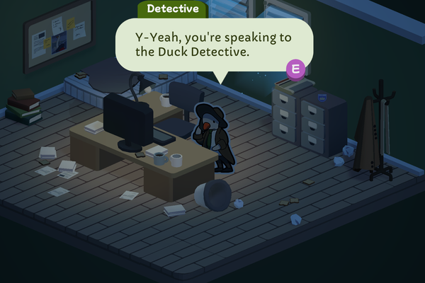 The Duck Detective identifies himself on the phone in his office, which has bread and papers strewn across it.