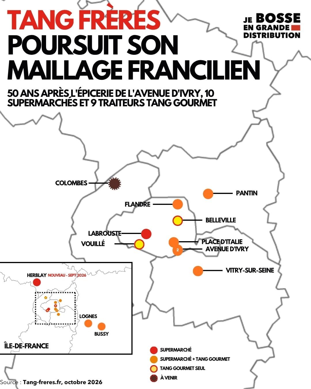 Carte des magasins Tang Frères en Île-de-France, de l'avenue d'Ivry à Herblay