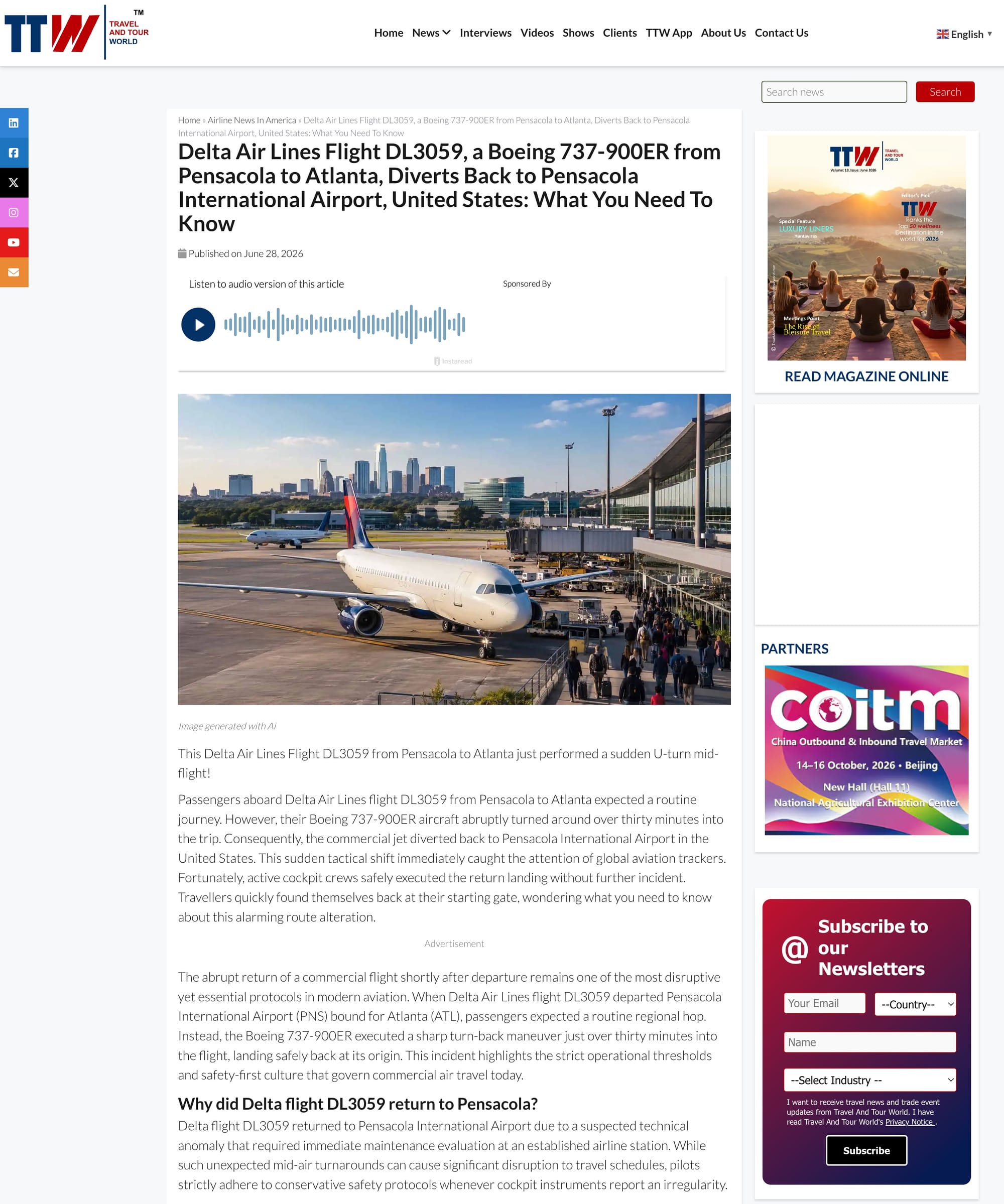 A screenshot of an AI-generated news post about a plane that took off and landed.