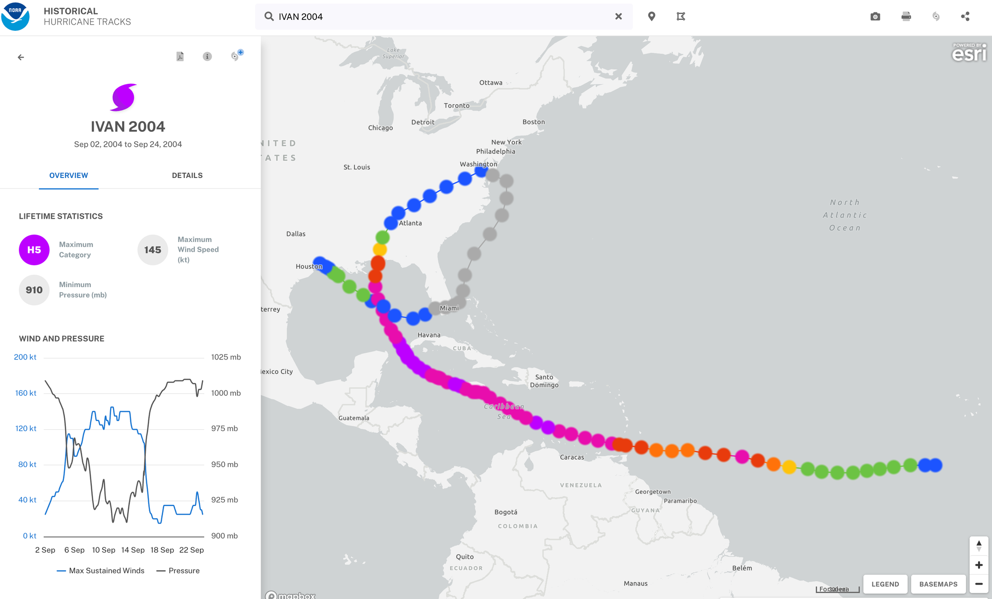 A tracking map of Hurricane Ivan in 2004.