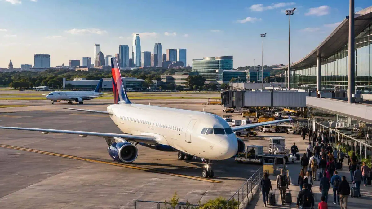 An AI-generated picture of an airplane at an airport in a city that does not exist.