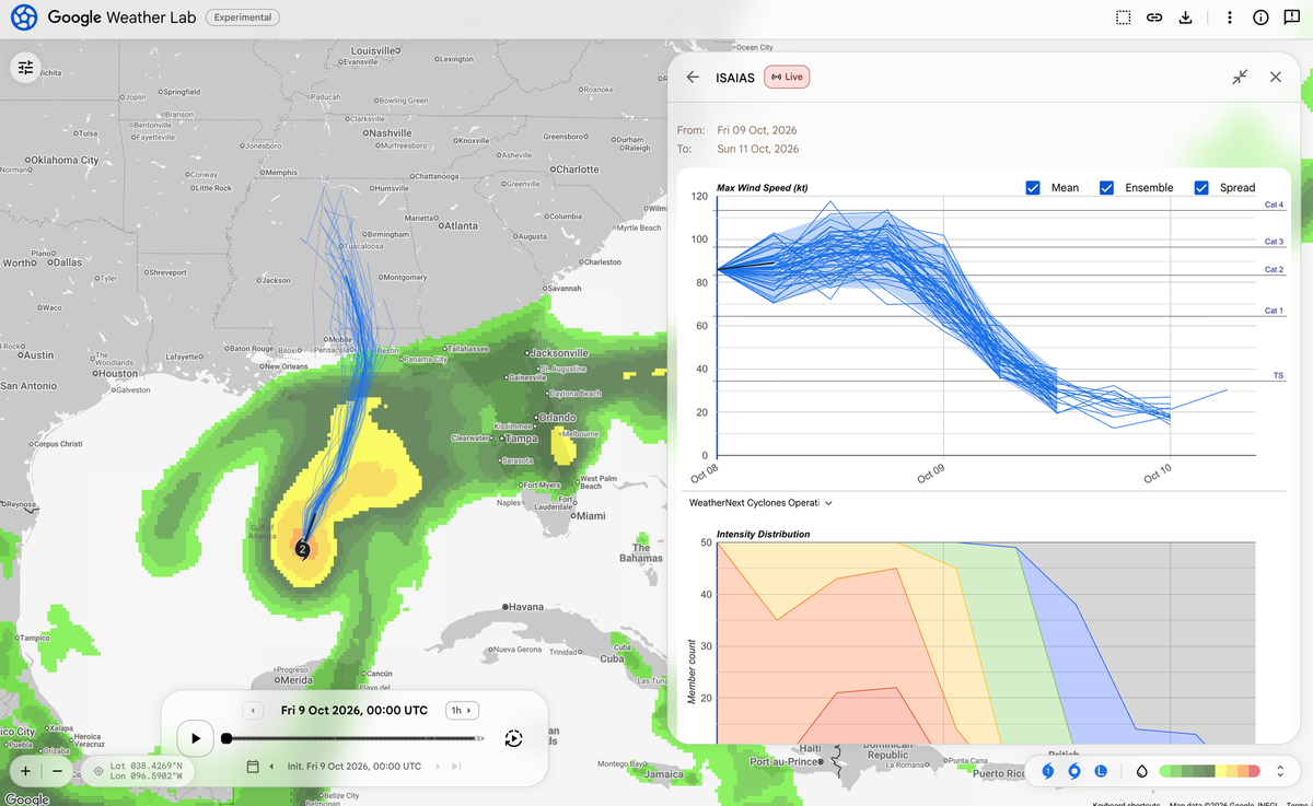 Google's DeepMind-powered Weather Lab hurricane models.