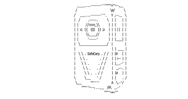 An image shows a police body camera rendered in ASCII art style, labeled with the fictitious brand name "SafeCorp."