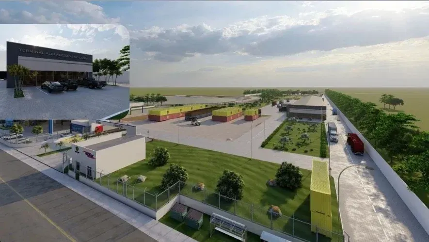 Projeto de um terminal de porto seco com caminhões e contêineres, sob um céu azul, em Boa Vista, Roraima