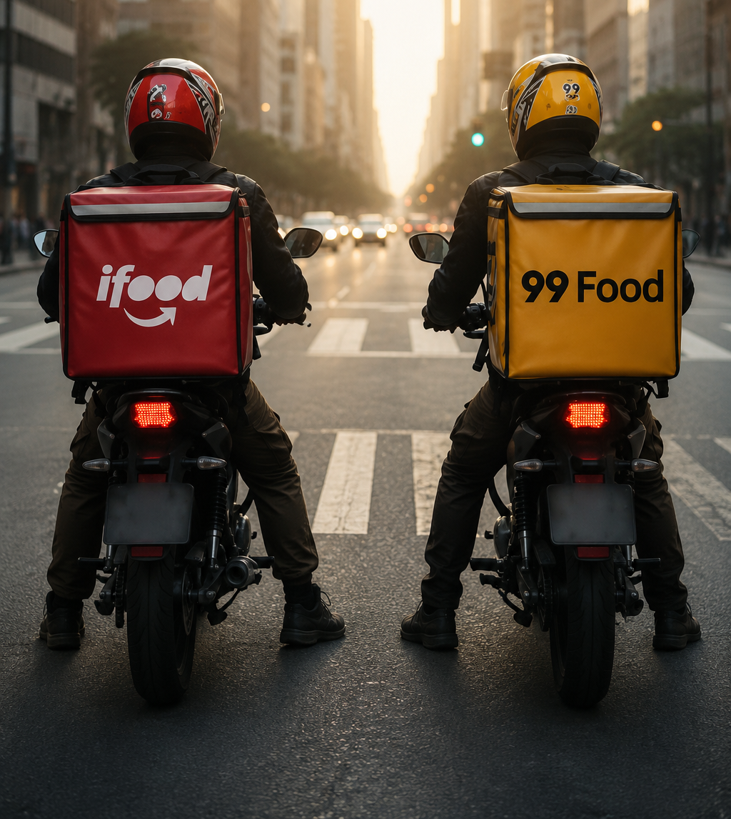 Motos elétricas em linha de montagem em uma fábrica, com trabalhadores ao fundo
