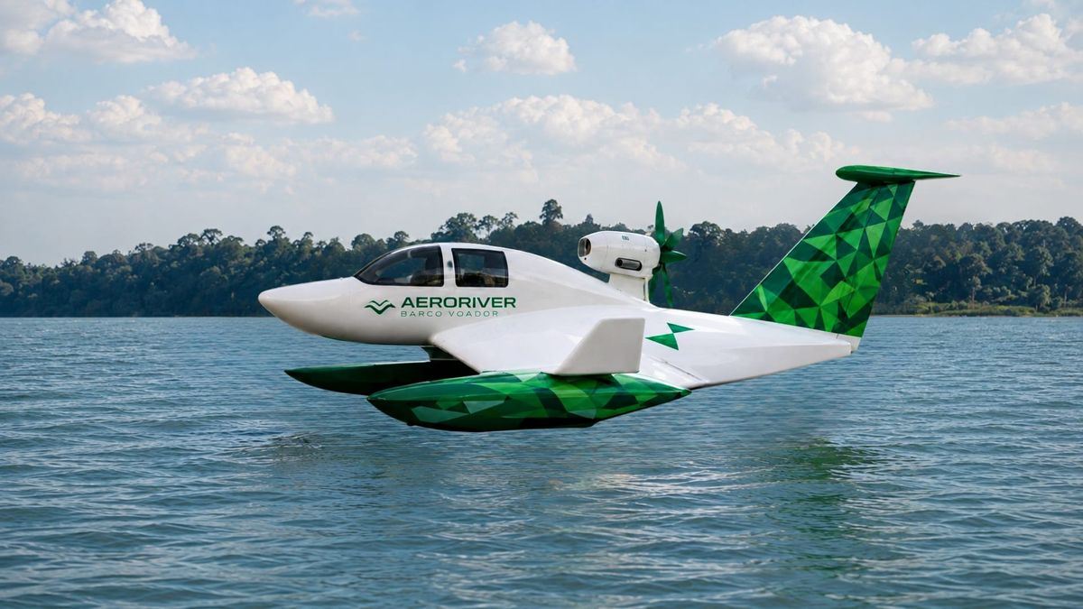 Protótipo do veículo Voadeiro da AeroRiver, um barco voador de efeito solo, em ambiente de teste ou hangar