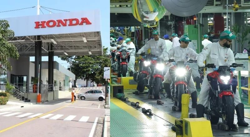 Três motocicletas Honda, sendo uma Biz 125 EX Kuromi, uma CB300F Twister 2027 e uma CB1000 Hornet 2027, em exposição no