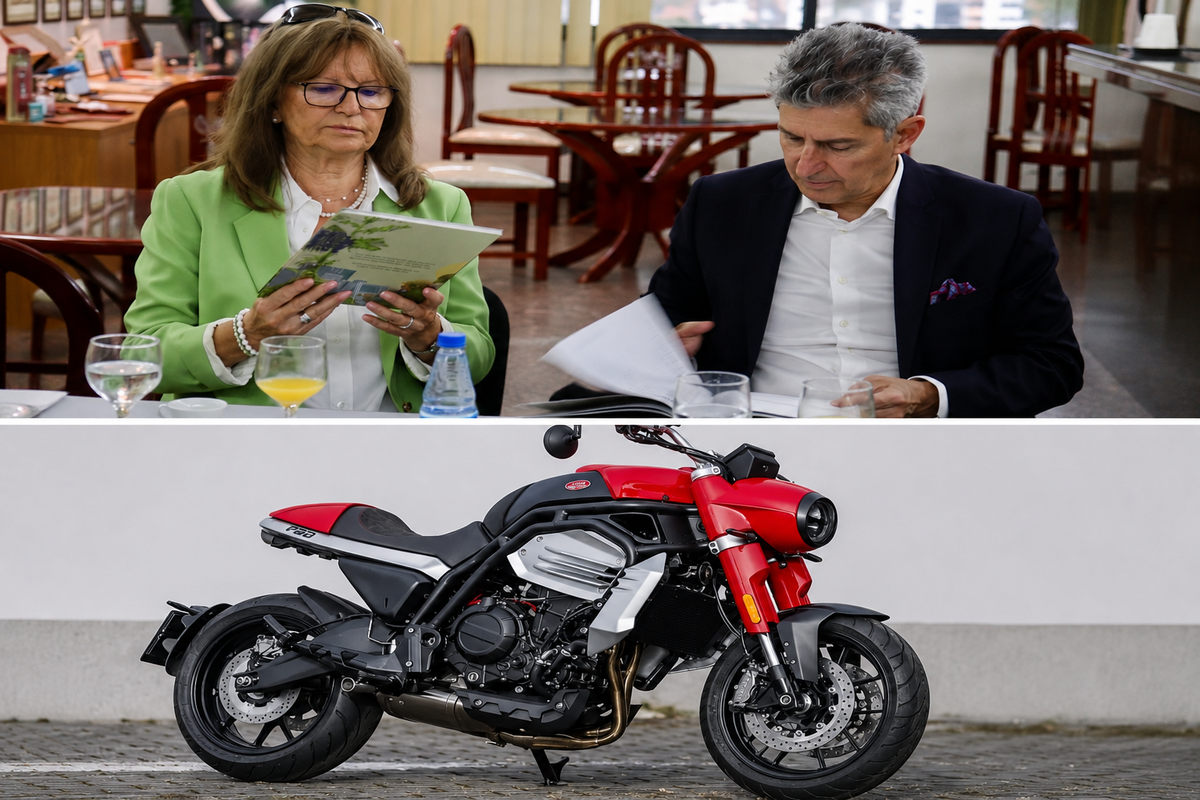 Executivos analisam folheto sobre Manaus e foto de uma motocicleta Jawa vermelha e preta.