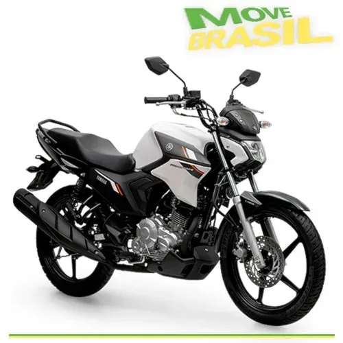 Moto Yamaha Factor DX estacionada em rua, com prédios ao fundo