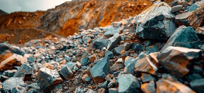 Rochas fragmentadas em tons cinza e azulado em uma área de extração mineral com solo alaranjado ao fundo.