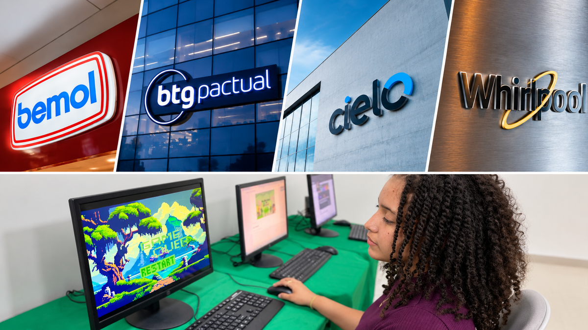 Montagem com logotipos da Bemol, BTG Pactual, Cielo e Whirlpool acima de uma jovem operando um computador com jogo digital.