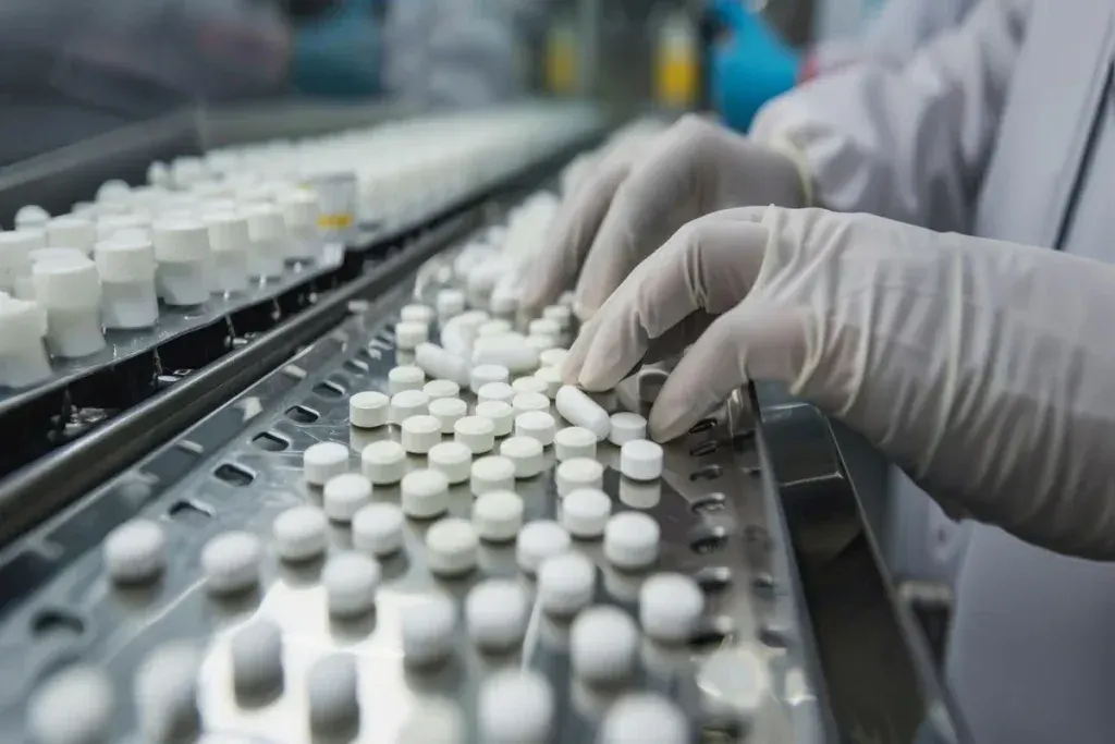 Mãos com luvas brancas manuseando comprimidos brancos em uma linha de produção farmacêutica industrial.