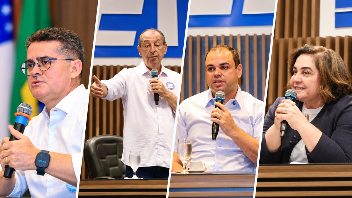 Montagem com David Almeida, Omar Aziz, Roberto Cidade e Maria do Carmo Seffair falando ao microfone em evento da Fieam.