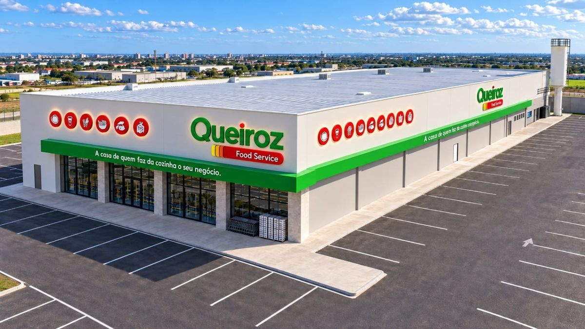 Fachada da loja Queiroz Food Service em Manaus, com amplo estacionamento e identificação visual em verde e vermelho.