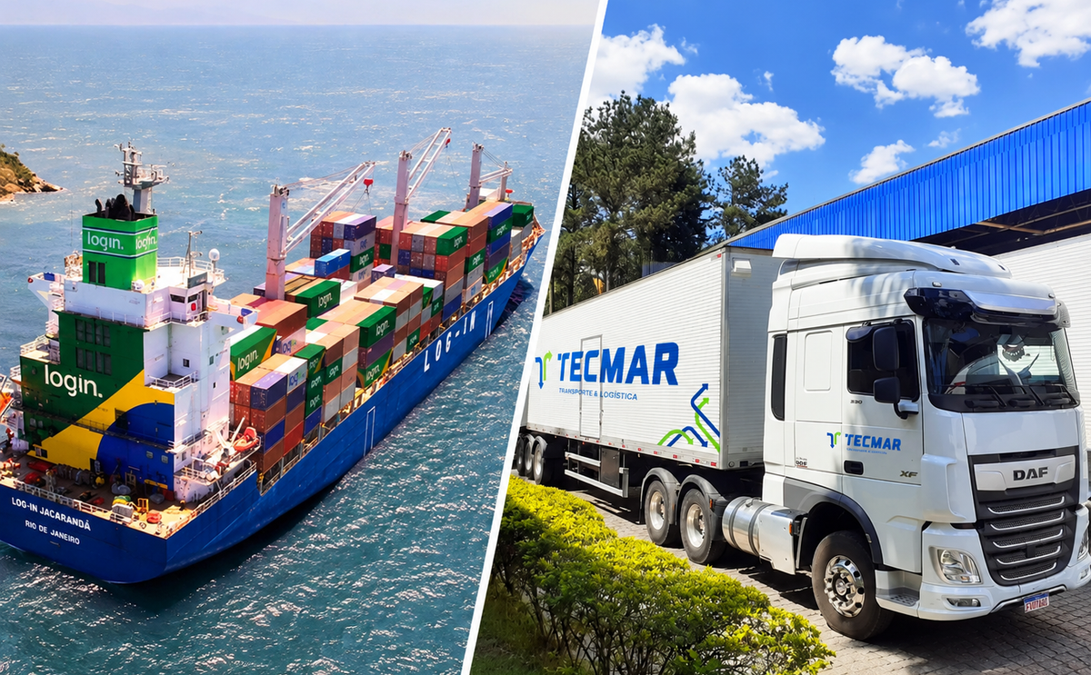 Montagem mostra o navio porta-contêineres Log-In Jacarandá no mar e um caminhão da Tecmar estacionado em um galpão.