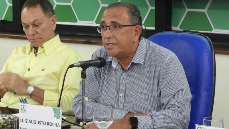 Luiz Augusto Barreto Rocha, de camisa social cinza, fala ao microfone durante reunião do Cieam em Manaus.