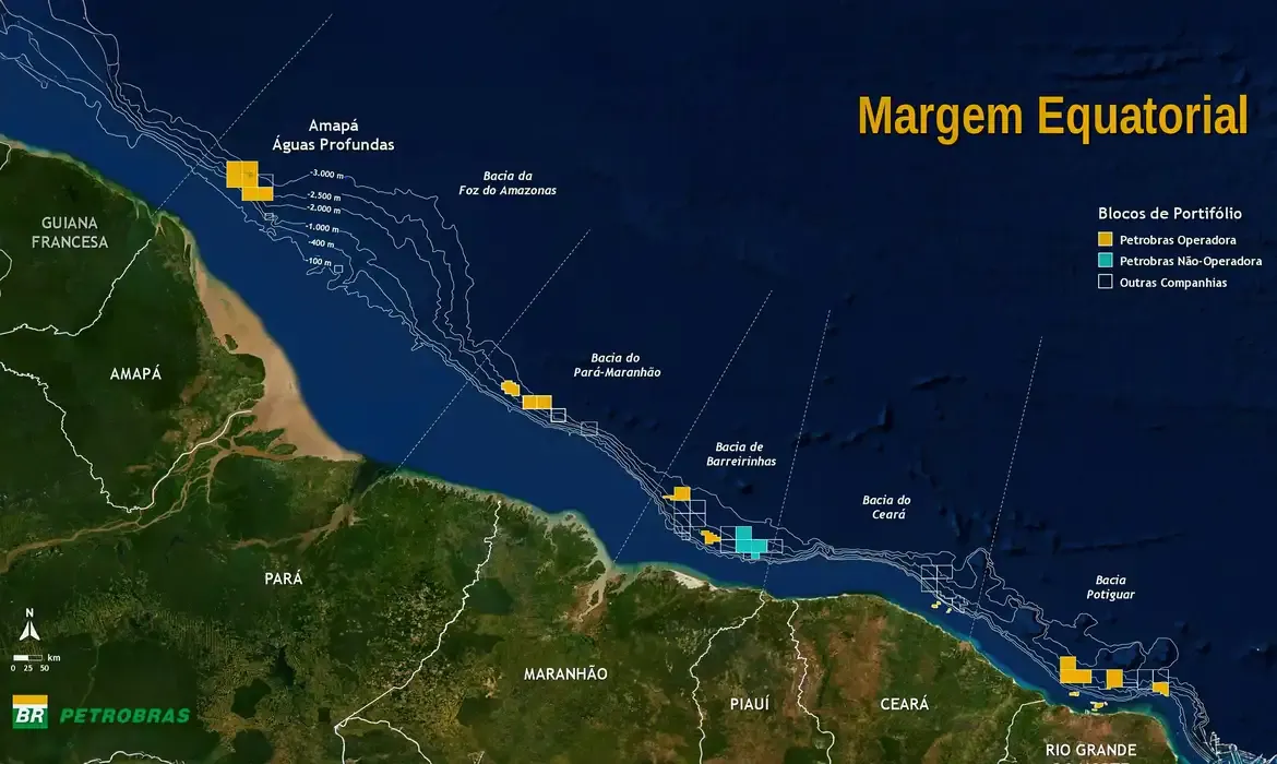 Mapa da Margem Equatorial brasileira destacando blocos de exploração da Petrobras na Bacia da Foz do Amazonas e outras áreas.