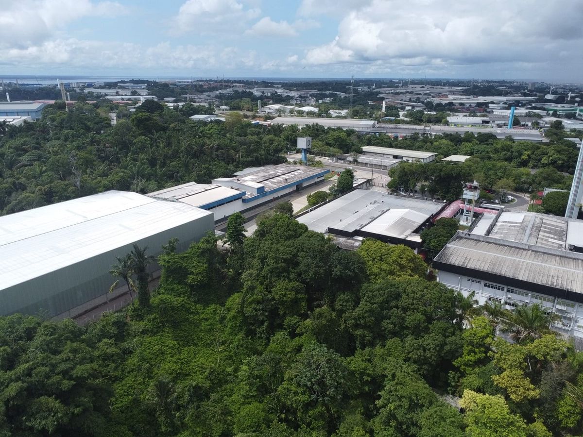 Vista aérea de galpões industriais cercados por vegetação no Polo Industrial de Manaus.