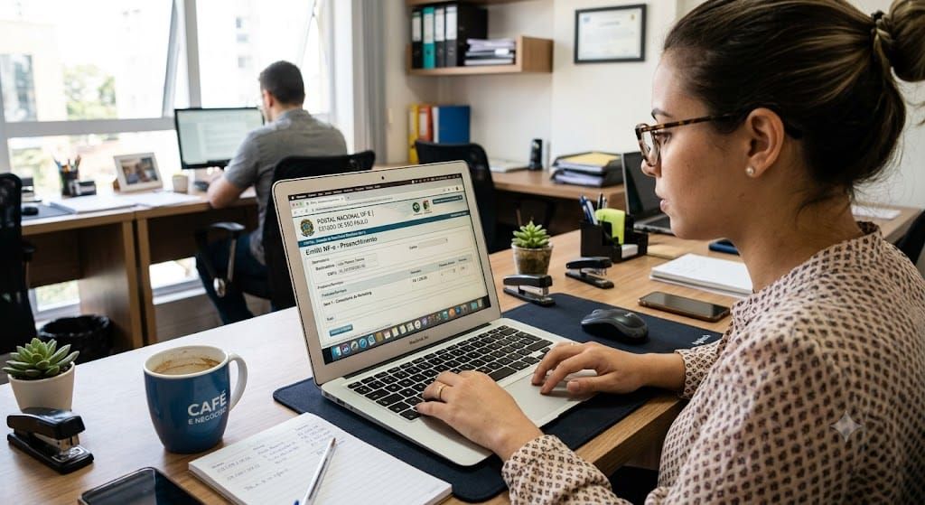 Mulher de óculos usa notebook em escritório, com tela exibindo sistema de emissão de nota fiscal eletrônica.