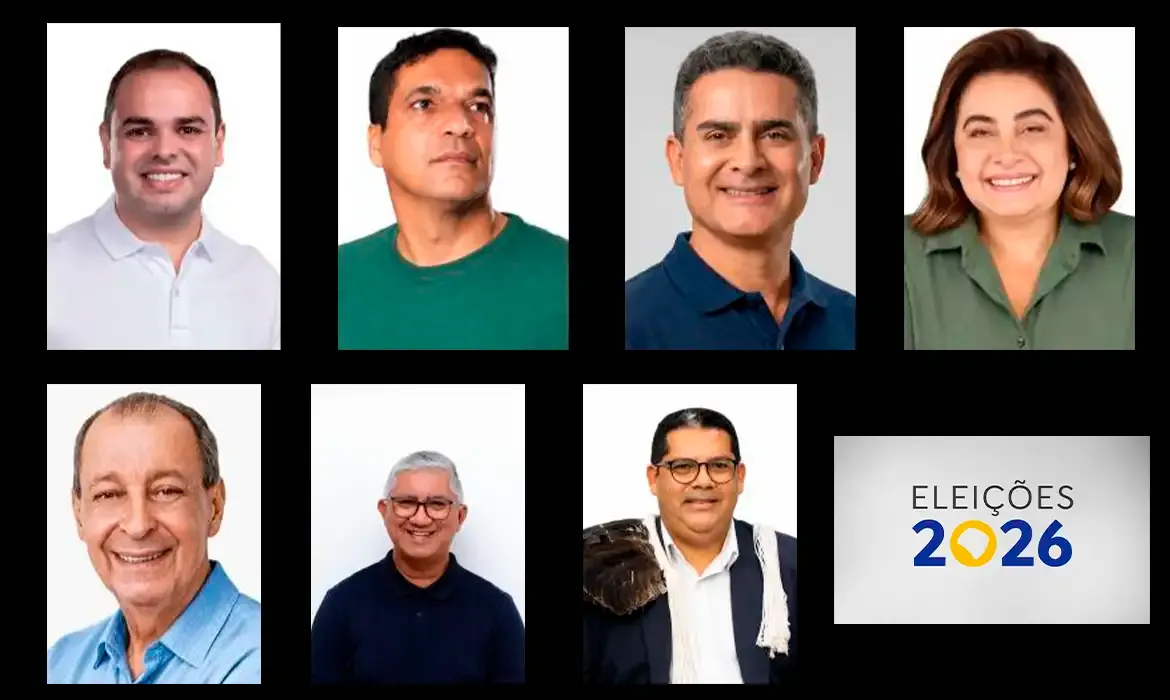Mosaico com fotos dos sete candidatos ao Governo do Amazonas e o logotipo Eleições 2026 sobre fundo preto.