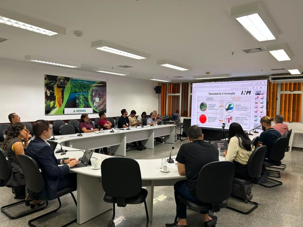 Pessoas sentadas em mesa semicircular assistem apresentação do INPI sobre descoberta e invenção na sede da Suframa.