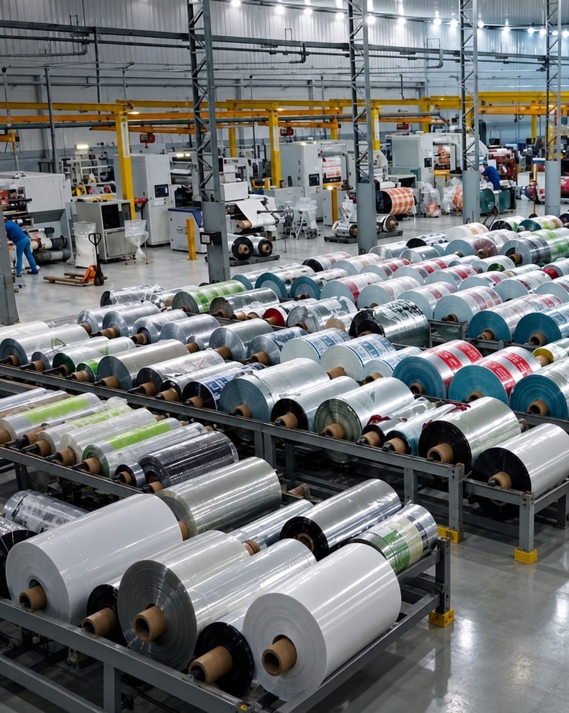 Bobinas de filmes plásticos coloridos e transparentes organizadas em prateleiras metálicas dentro de uma fábrica.