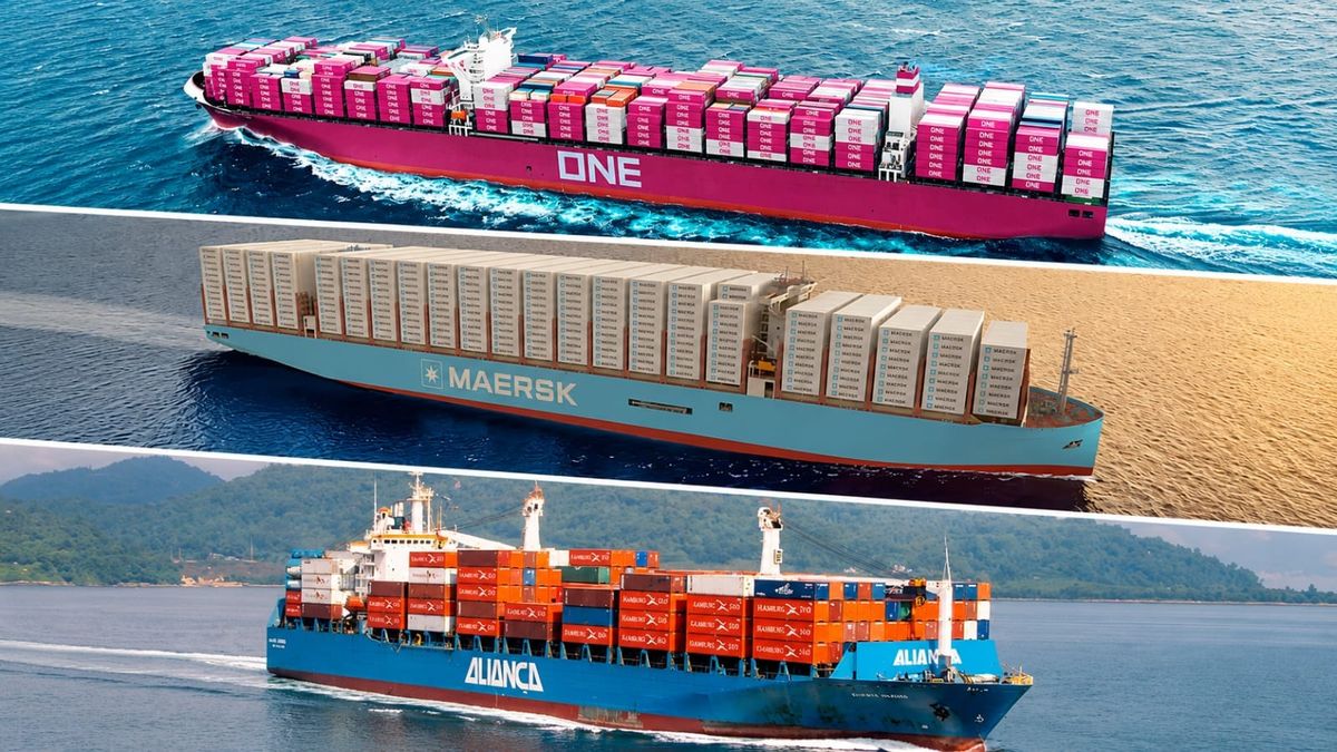 Colagem com três navios porta-contêineres das empresas ONE, Maersk e Aliança navegando.