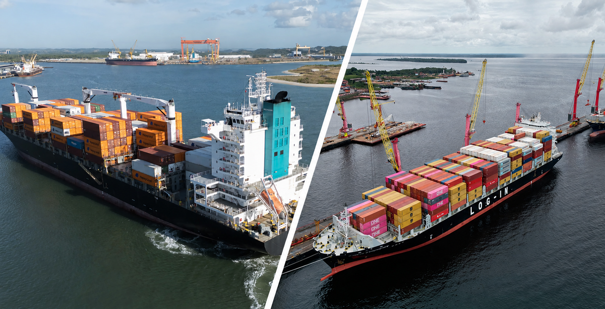 Navios porta-contêineres das empresas Norcoast e Log-In operando em terminais portuários.