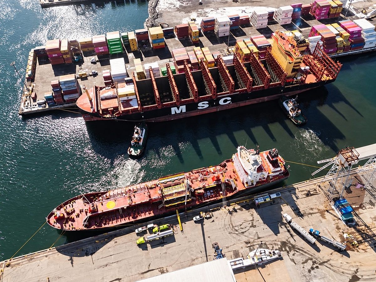 Navio porta-contêineres da MSC atracado em terminal portuário com diversos contêineres coloridos empilhados ao fundo.