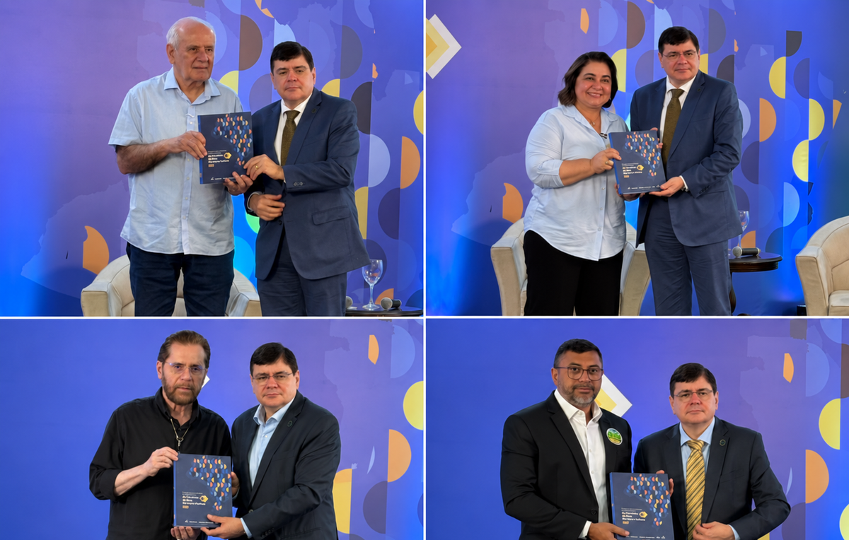 Mosaico de quatro fotos mostrando José Roberto Tadros Junior entregando a Agenda Institucional a diferentes candidatos.