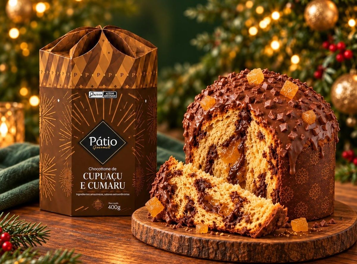 Chocottone de cupuaçu e cumaru do Pátio Gourmet ao lado de sua embalagem marrom e dourada, em cenário natalino iluminado.