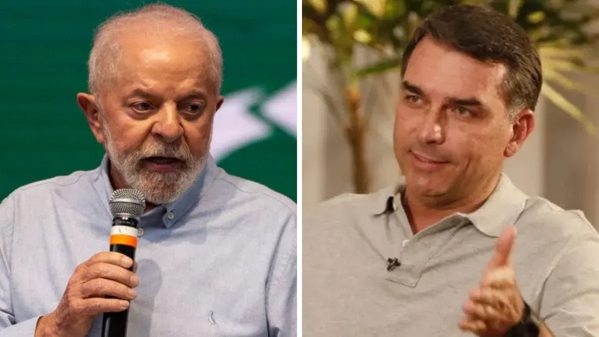 Montagem mostra Luiz Inácio Lula da Silva falando ao microfone e Flávio Bolsonaro gesticulando durante entrevista.
