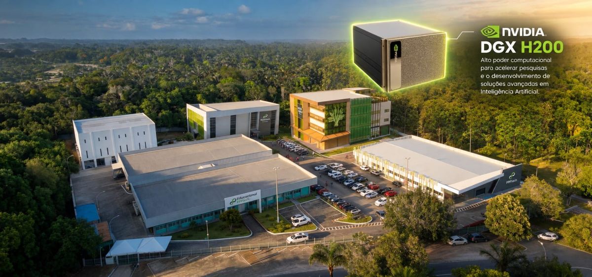 Vista aérea das instalações da FPFtech em Manaus, cercada por vegetação, com destaque gráfico para o sistema NVIDIA DGX H200.