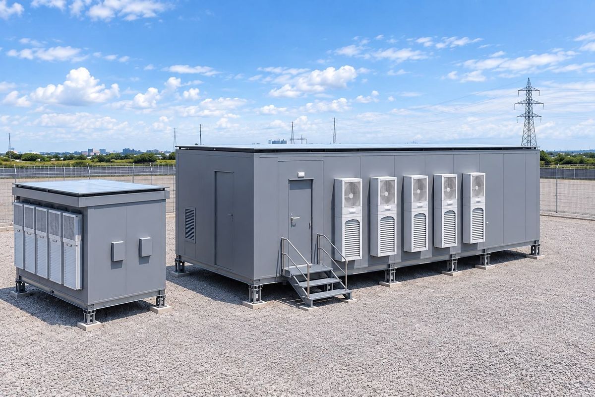 Dois módulos de datacenter externos na cor cinza instalados sobre base de brita sob céu azul.