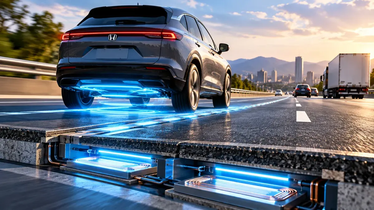 Ilustração de carro elétrico Honda sobre asfalto com módulos de recarga por indução instalados sob o pavimento da rodovia.