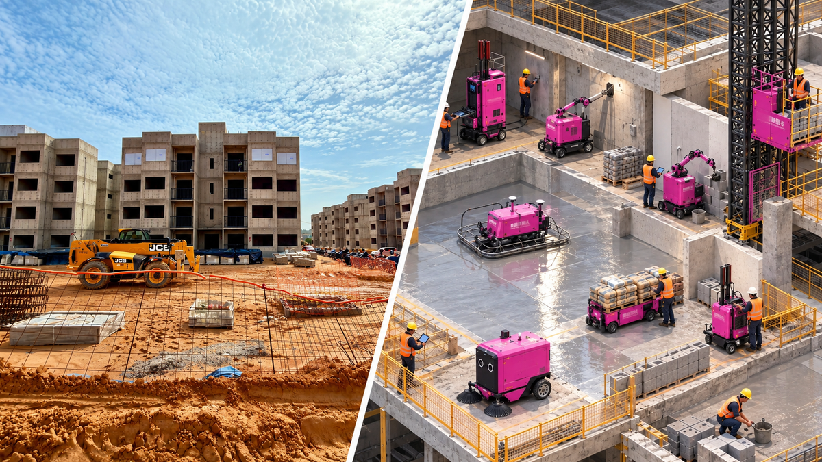 Montagem mostra canteiro de obras em Manaus e robôs cor-de-rosa operando em construção civil.