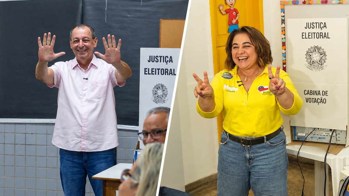 Montagem mostra Omar Aziz à esquerda e Maria do Carmo à direita, ambos sorridentes em seções da Justiça Eleitoral.