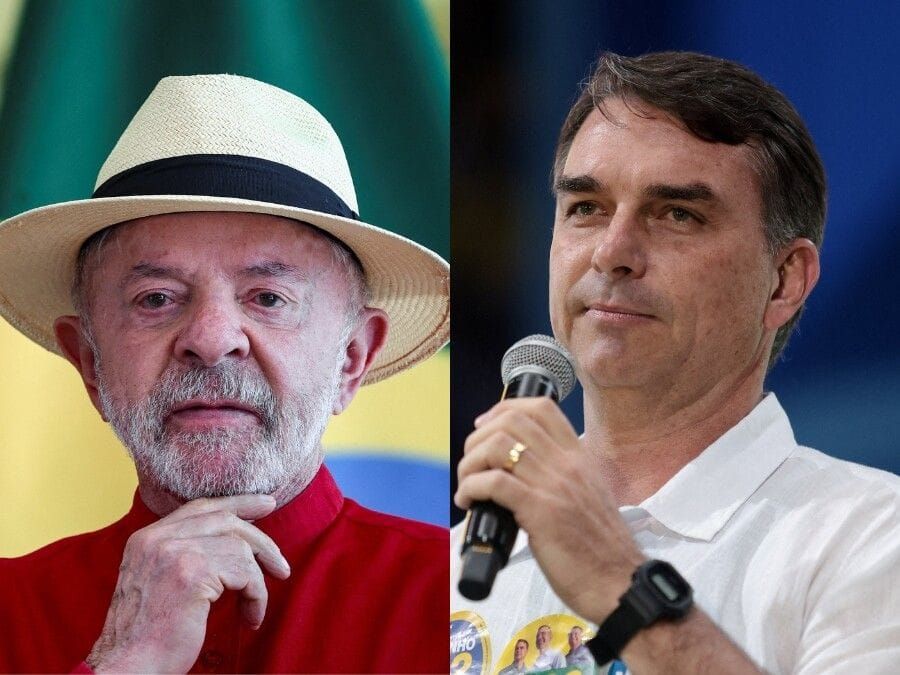 Montagem com os rostos de Lula, usando chapéu e camisa vermelha, e Flávio Bolsonaro, falando ao microfone com camisa branca.