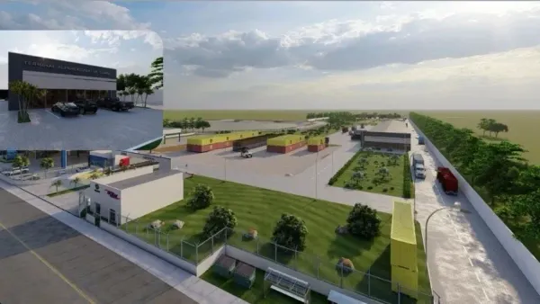 Projeto de um terminal de porto seco com caminhões e contêineres, sob um céu azul, em Boa Vista, Roraima