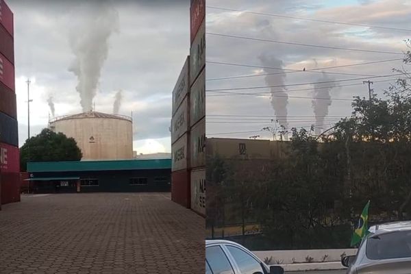 Trabalhadores ou representantes sindicais em frente a uma fábrica ou edifício industrial no Distrito Industrial de Manaus,