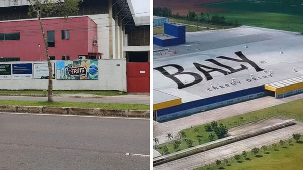 Edifício vermelho da Fruts Indústria de Concentrados da Amazônia em Manaus e vista aérea da fábrica da Baly Energy Drink