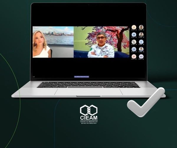 Notebook exibindo reunião virtual da Comissão de Recursos Humanos do Cieam com dois participantes em destaque na tela.
