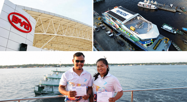 Montagem mostra fachada da BYD, barco-escola do Senai visto de cima e dois alunos segurando certificados em uma embarcação.