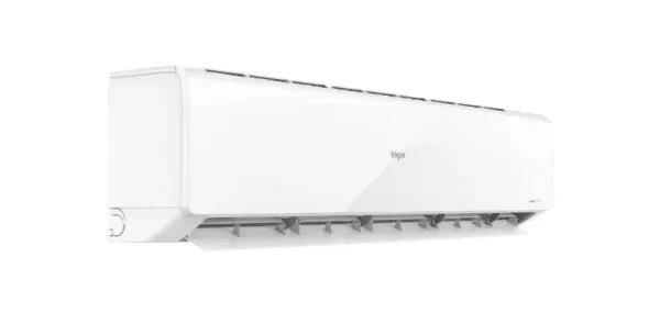 Ar-condicionado Split High Wall branco da marca Elgin, com aleta de saída de ar aberta, em fundo branco