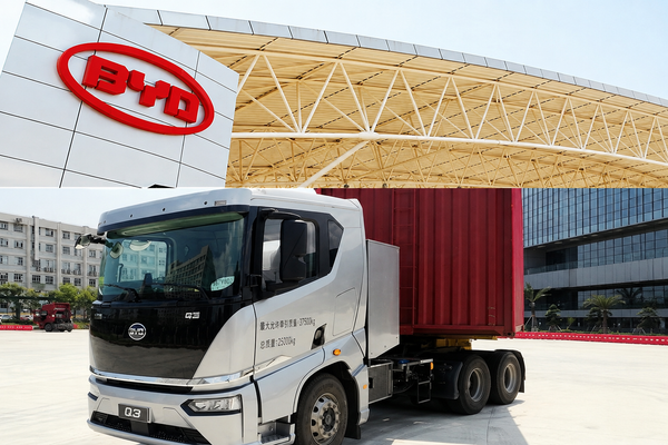 Cavalo mecânico elétrico Q3 da BYD, de cor azul, em uma estrada na China, com montanhas ao fundo.