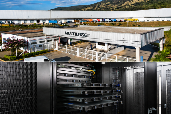 Fachada da fábrica da Multilaser e detalhe técnico de prateleiras com servidores instalados em um rack de data center.