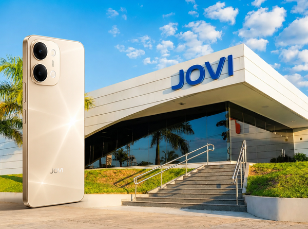 Smartphone Jovi Y21e nas cores azul e dourado, com destaque para a tela e câmera traseira