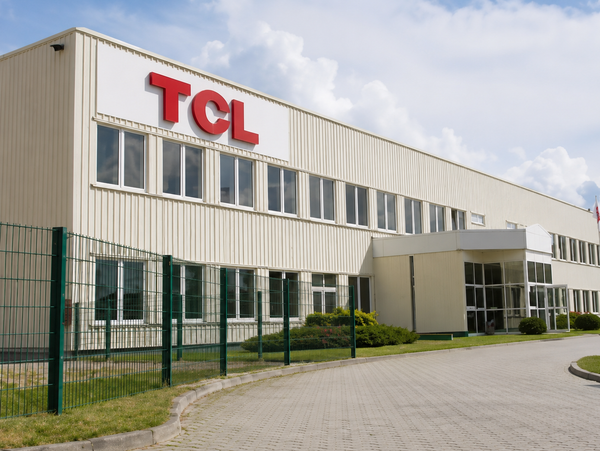 Edifício com o logo vermelho da TCL na fachada, cercado por uma grade verde e um caminho de acesso